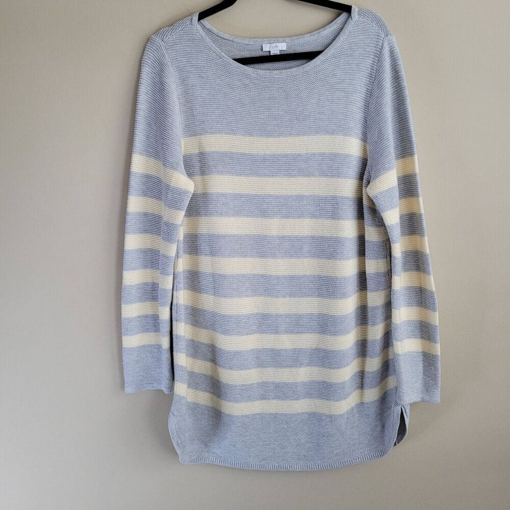 J. Jill Womens Knit Sweater Size Large Gray Light Yellow Stripes Tunic Length